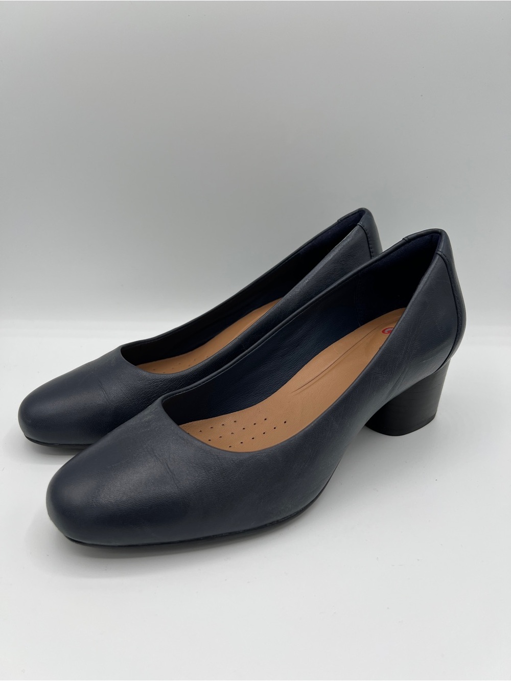 Clarks Unstructured Navy Blue Leather Block Heel Pumps Comfort Work Shoes Size 6